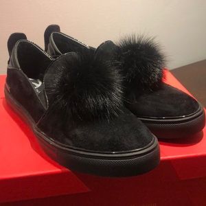 Browns Brand “The Wishbone Collection” Black Suede Slip on with Pompom. Size 9